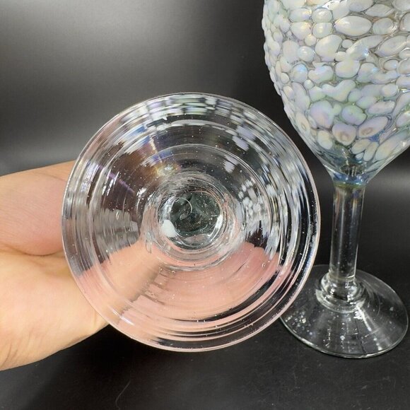 White Graniti Iridescent Art Glass Goblet Set 2 Barware Glasses Textured Cups - Picture 5 of 16